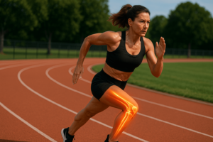 a woman running on a track with Shin Splints highlights
