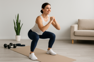 a woman squatting on a mat
