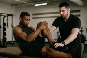 a man holding a knee while another man is touching his leg